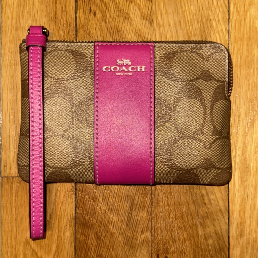 Coach Brown Signature Wristlet with Fuchsia Stripe